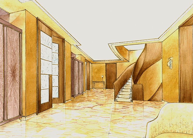 Hand painted watercolor rendering of a resdiential lobby in St Petersburg by Renderings by Architects Studio