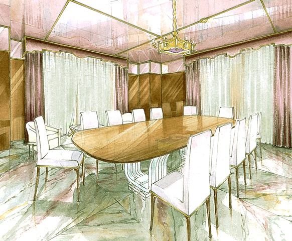 Hand painted watercolor rendering of a dining room in Moscow by Renderings by Architects Studio