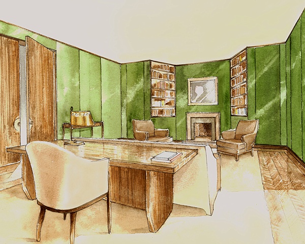 Hand painted watercolor rendering of a residential library in Moscow by Renderings by Architects Studio