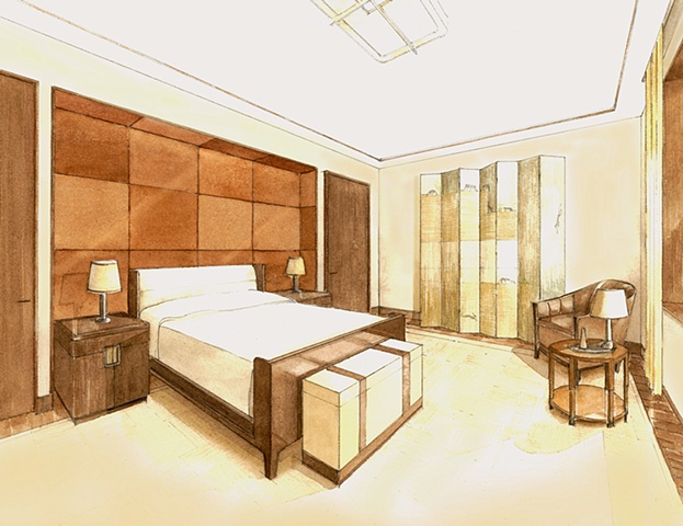 Hand painted watercolor rendering of a master bedroom in Moscow by Renderings by Architects Studio