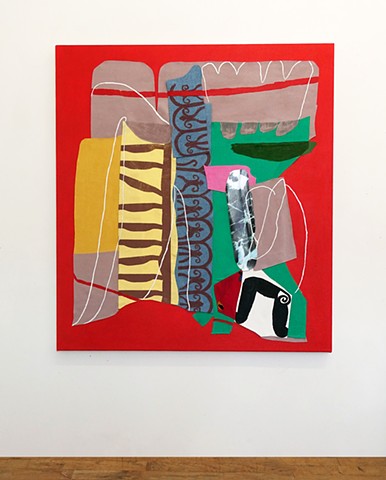 Snap Dragon, 2025, acrylic and gouache with collage on canvas, 33 x 44 inches.