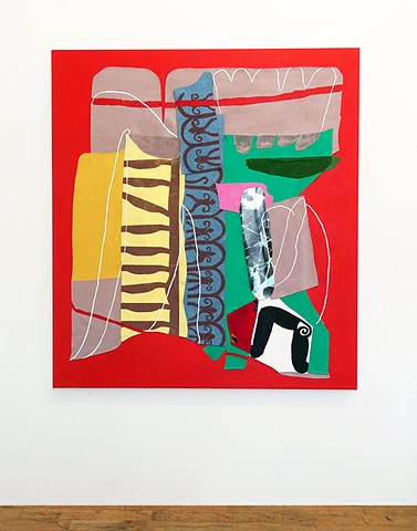 Snap Dragon, 2025, acrylic and gouache with collage on canvas, 33 x 44 inches.