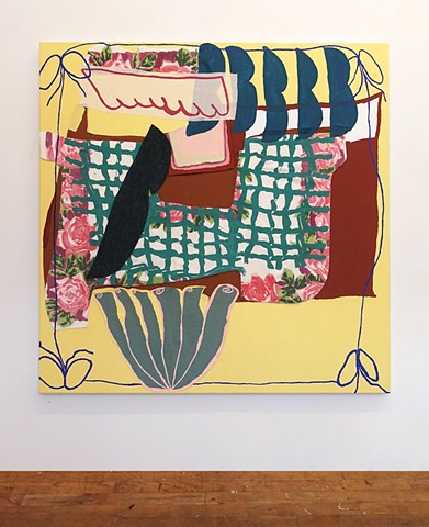 It's All Set, 2025, acrylic and gouache with collage on canvas, 48 x 48 inches.