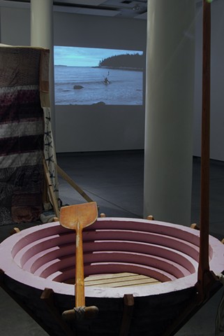 installation shot of boat and video (Institute of Contemporary Art, Portland Maine)