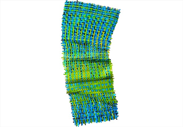 Limelight by Julee Latimer, sculptural woven paint artwork weaving vivid blue and lime green metallic strips.