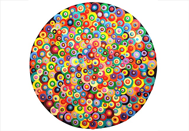 Multi-coloured circles layered over circular panel by Julee Latimer