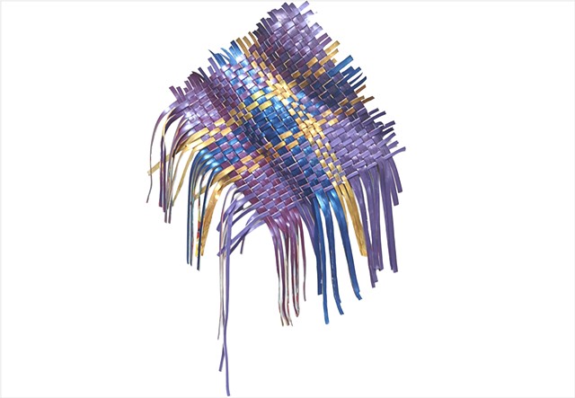 Push Off 3 Purple by Julee Latimer, sculptural woven paint artwork weaving purple and gold metallic strips.