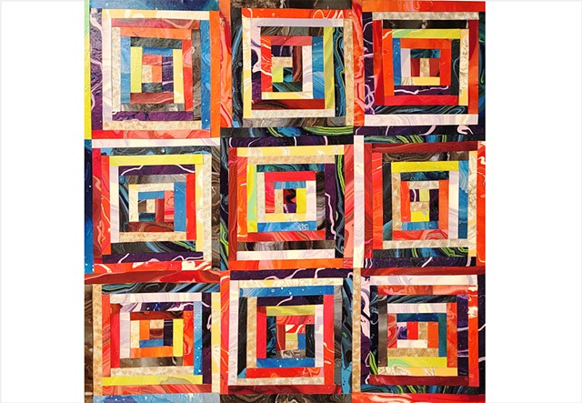 Colourful, funky, improvised quilt painting by Julee Latimer
