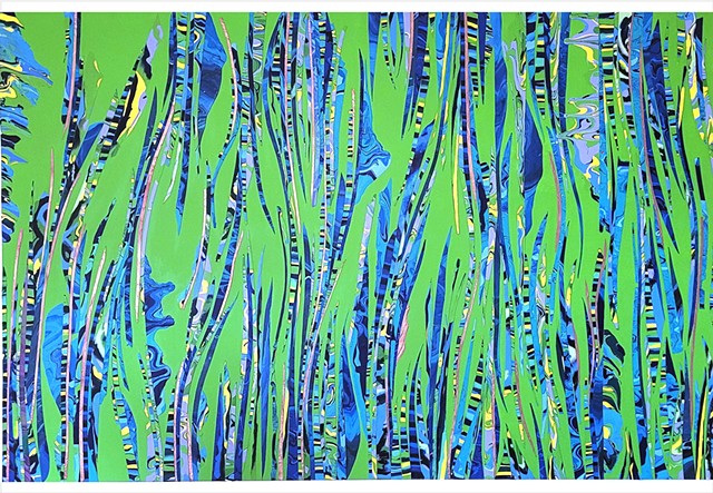 Oversized blue and lime maximalist abstract by Julee Latimer