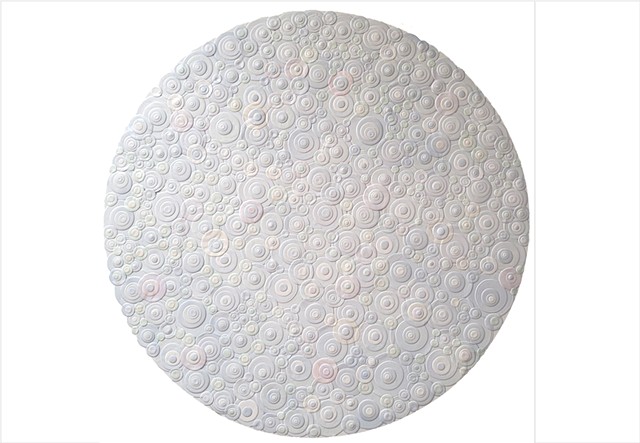 Elegant white on white dimensional circular abstraction by Julee Latimer