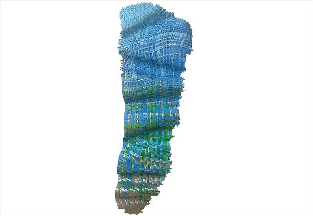 Vertical sculptural textile in blue, green, and silver by Julee Latimer