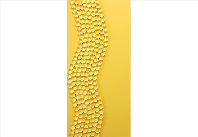 Flowerbomb 7 by Julee Latimer, sculptural painting composed of clustered paint forms in bright yellow.