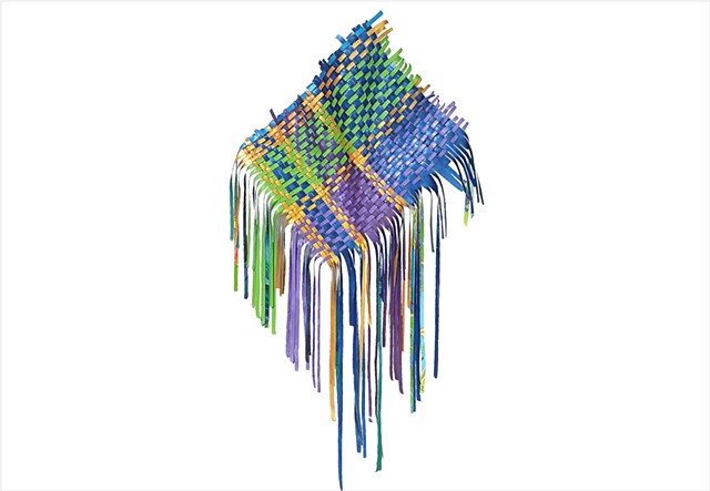 Push Off by Julee Latimer, sculptural woven paint artwork weaving lime green, dark blue and purple strips.
