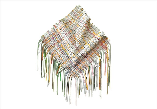 Spill 3 White by Julee Latimer, sculptural woven paint artwork weaving iridescent white, pale pink and pale lilac strips.