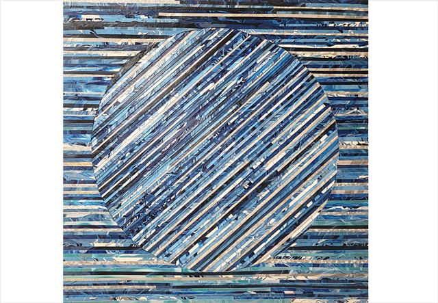 Blue and silver patterned striped collage painting by Julee Latimer