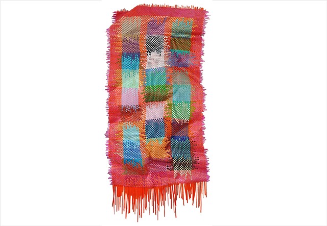 Conversations by Julee Latimer, sculptural woven paint artwork weaving vibrant multi-coloured paint strips.