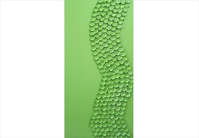 Flowerbomb 12 by Julee Latimer, sculptural painting composed of clustered paint forms in lime green.