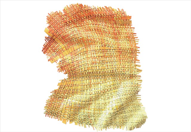 Shifting Sands by Julee Latimer, sculptural woven paint artwork weaving apricot, orange and yellow strips.