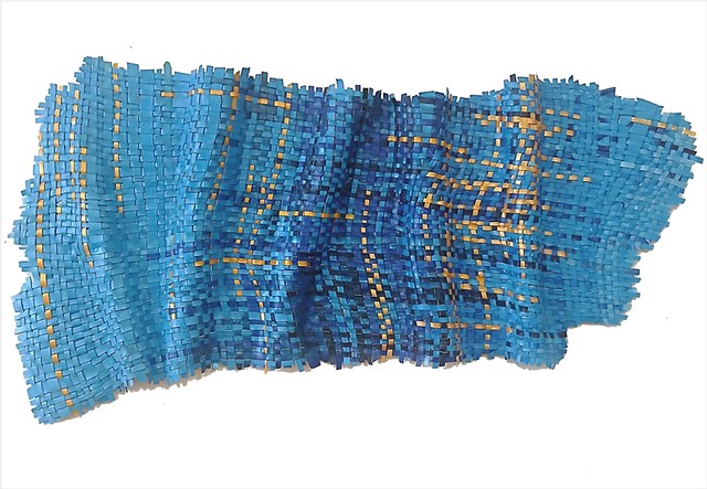 Nightfall by Julee Latimer, sculptural woven paint artwork weaving deep blue with gold metallic strips.