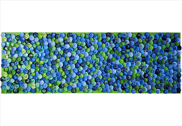 Richly vibrant mass of paint petals in lime and blue by Julee Latimer