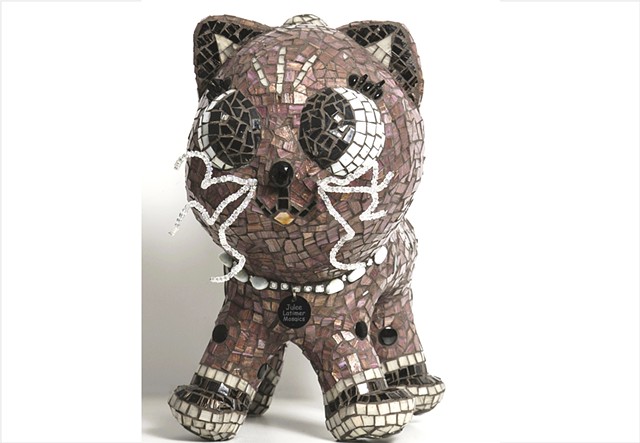 Cheeky yet sophisticated mixed media mosaic kitten sculpture by Julee Latimer