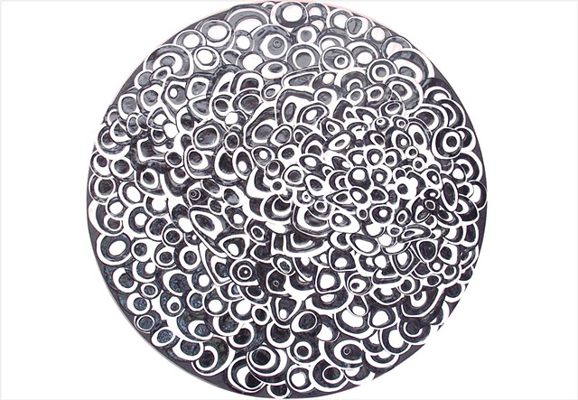Aseemblage, collage painting of circles in black and white by Julee Latimer