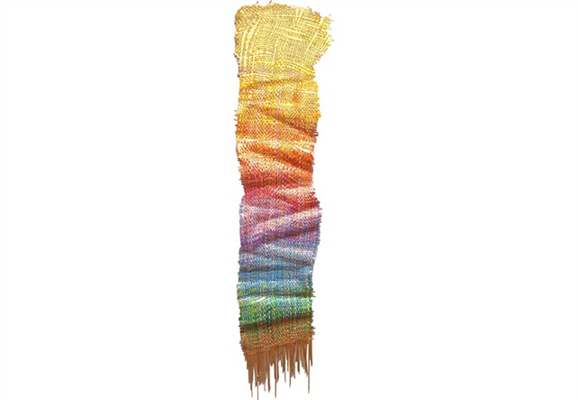 Journey by Julee Latimer, sculptural woven paint artwork weaving luminous golden rainbow coloured  strips.