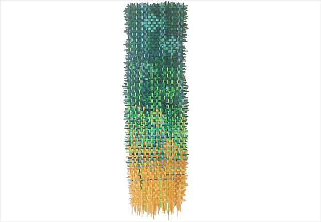 Woven paint thread textile in deep green and gold diamond pattern by Julee Latimer