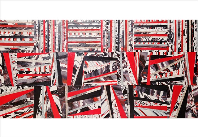 Striking red, black, and white geometric patchwork painting by Julee Latimer