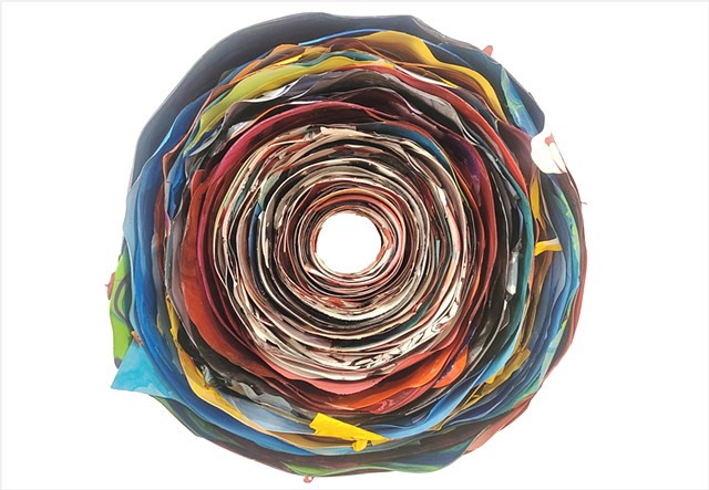 Unusual wrapped circular painting by Julee Latimer