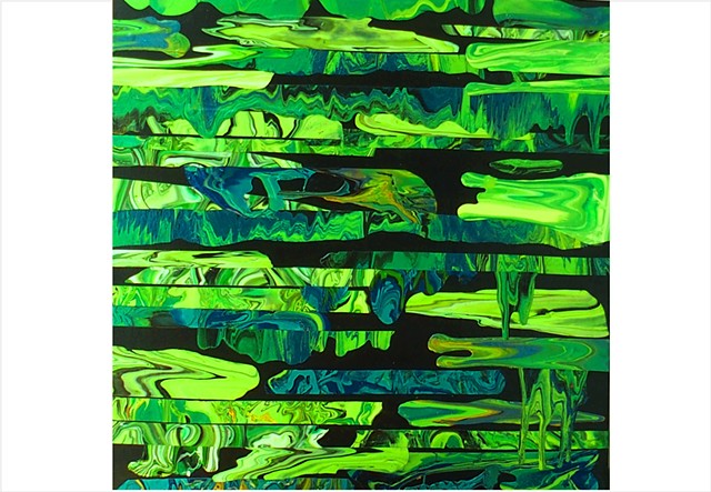 Abstract, fragmented collage painting in vibrant  greens by Julee Latimer