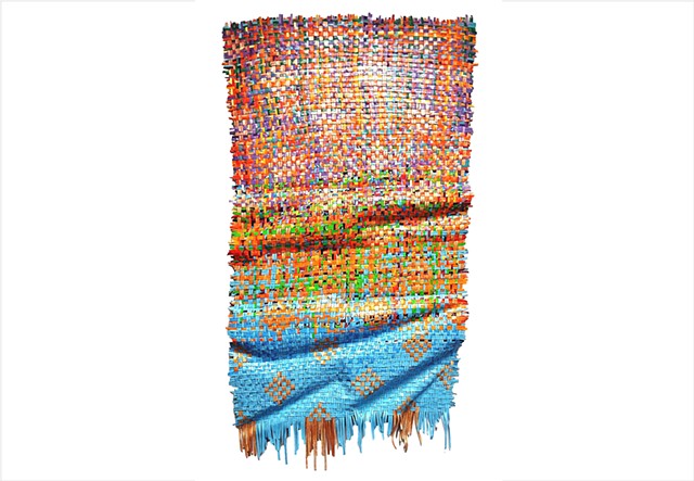 Turmoil by Julee Latimer, sculptural woven paint artwork weaving multi-coloured, bright blue, and gold metaliic strips.