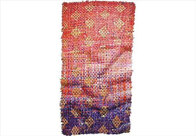 Losing Touch by Julee Latimer, sculptural woven paint artwork weaving pink, purple, and gold metallic strips.