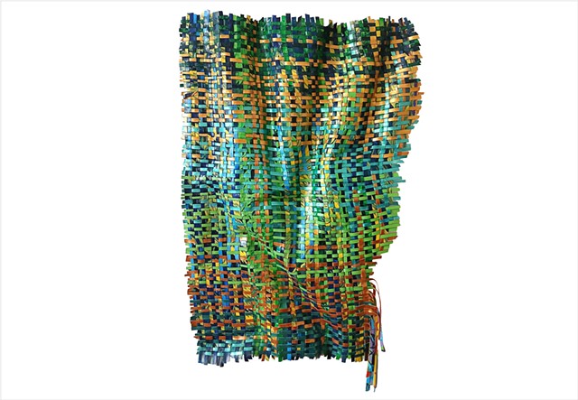 Evergreen by Julee Latimer, sculptural woven paint artwork weaving rich forest green, emerald green and copper metallic paint strips.                                                  strips.