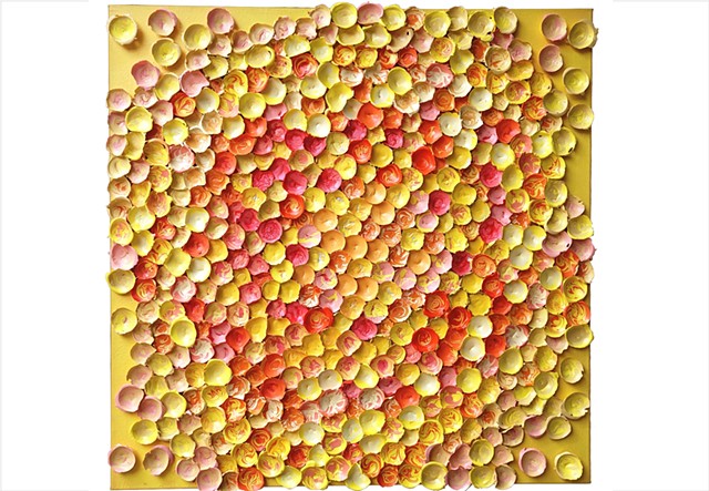 Petals by Julee Latimer, sculptural painting composed of clustered paint forms in yellow and apricot.