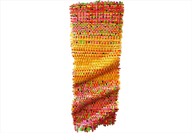 Hundreds and Thousands by Julee Latimer, sculptural woven paint artwork weaving gold metallic with hot pink, orange, and black strips.