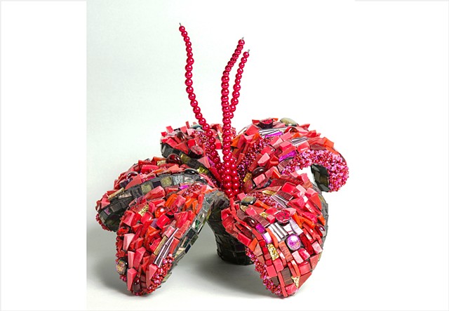 Red mixed media sculptural flower mosaic by Julee Latimer