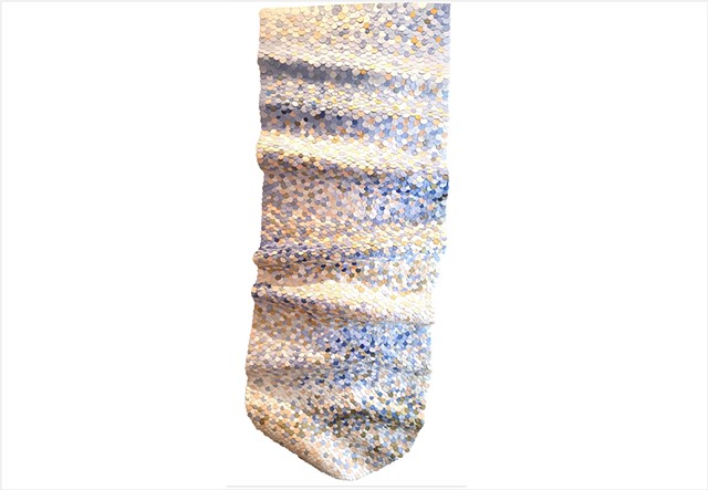 Stoned by Julee Latimer, contemporary wall sculpture composed of densely layered paint forms in white, pale and deep grey and soft blue greys.