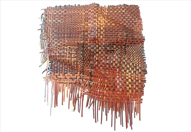 Burnish by Julee Latimer, sculptural woven paint artwork weaving chocolate brown, dark brown, copper, bronze and gold metallic strips.