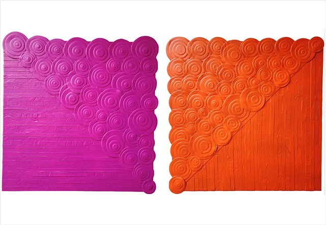 Two minimalist square paintings in orange and purple by Julee Latimer