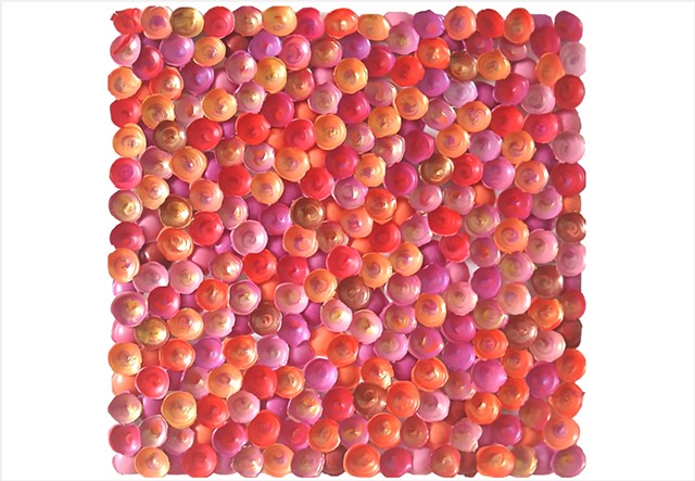Autumnal 2 by Julee Latimer, sculptural painting composed of clustered paint forms in metallic pink, orange, red and purple.