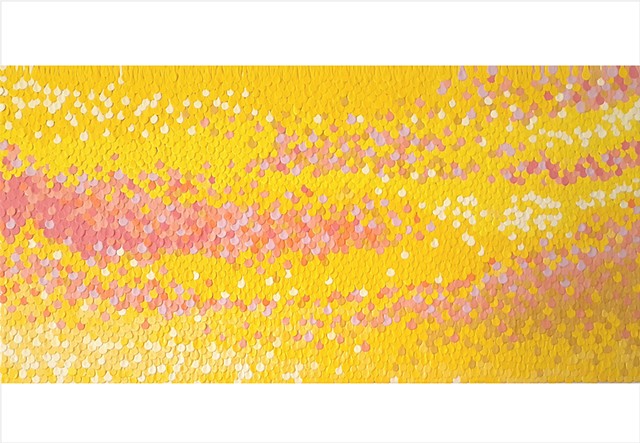 Sunshine yellow drip abstract painting with pink and lavender by Julee Latimer