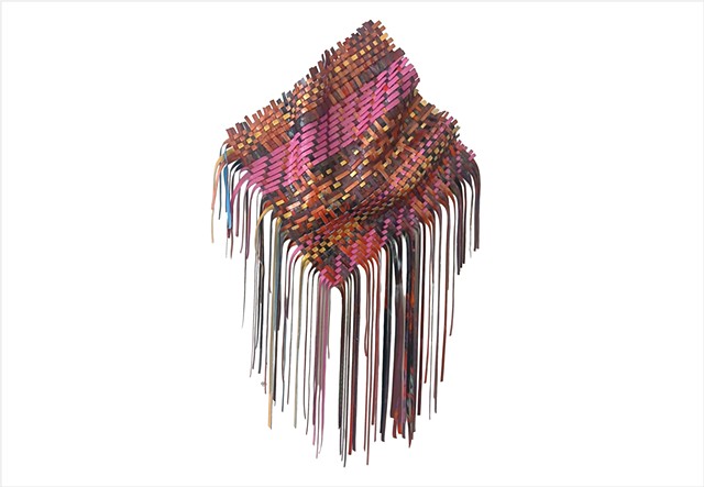 Spill 2 Red by Julee Latimer, sculptural woven paint artwork weaving deep red, bright pink and gold metallic strips.