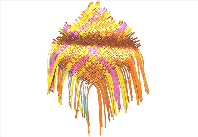 Push Off 2 Yellow by Julee Latimer weaving bright yellow and hot pink strips.