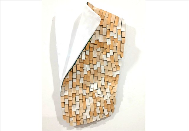 First Release by Julee Latimer, contemporary wall sculpture composed of densely layered beige, cream and white paint forms with exposed plaster
