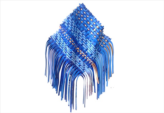 Swatch 1 Blue by Julee Latimer, sculptural woven paint artwork weaving deep and bright blue with gold metallic strips.