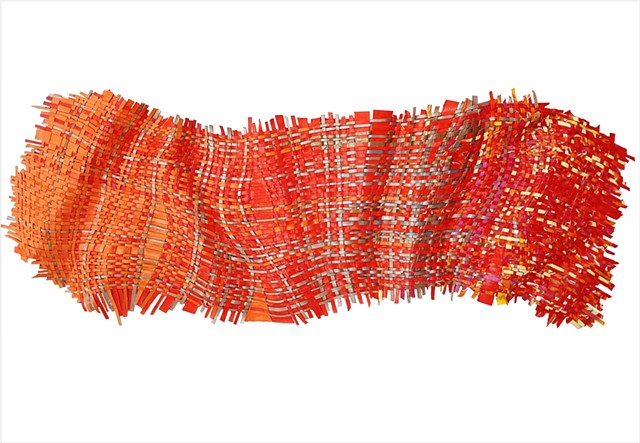 Firestarter by Julee Latimer, sculptural woven paint artwork weaving red and orange strips.