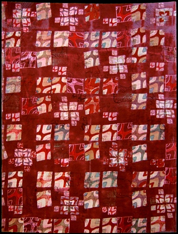 art cloth: screenprinted, hand-dyed, red landscape grid