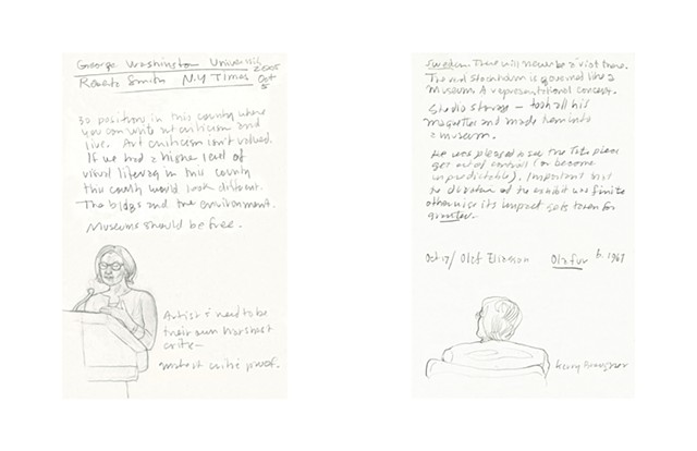 Pages 14 - 15: Roberta Smith, October 5, 2005/Kerry Brougher, Museum Director and adience member present at a talk by Olafur Eliason, October 17th, 2004