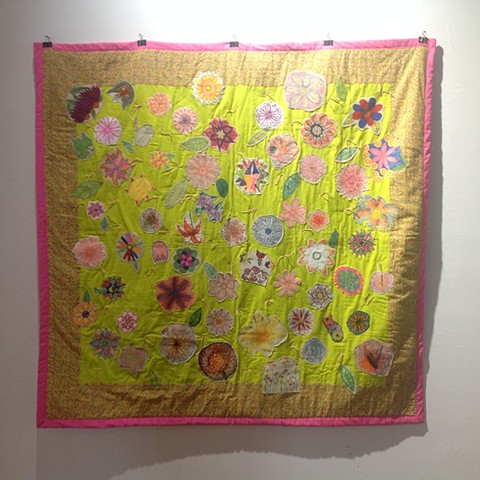 Flower Patch appliqué quilt created during Garden Walk Buffalo 2016, participants each drew a flower that was appliqued onto quilt 